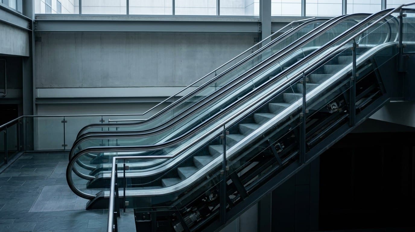 Two parallel escalators rising through an atrium, empty, with the truss machinery visible beneath.