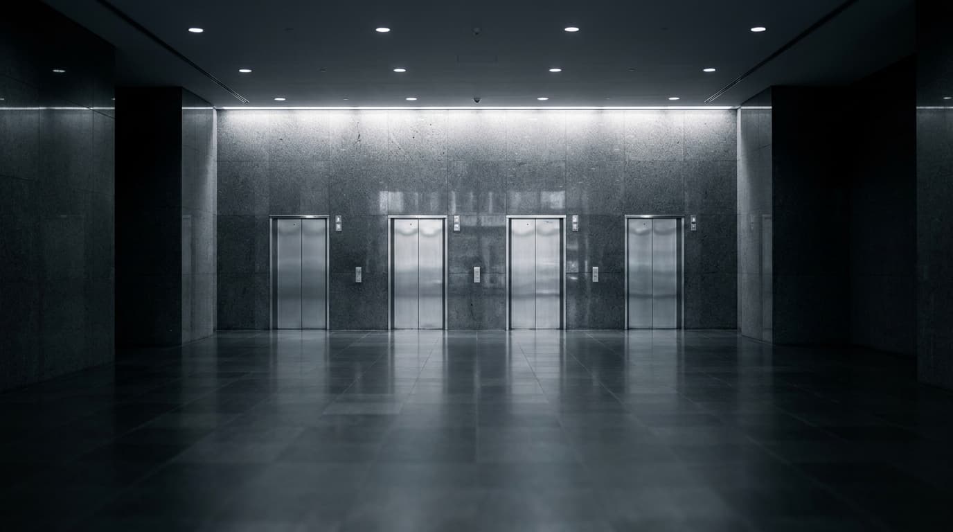 A bank of four lift doors in the lobby of a commercial tower, brushed stainless steel against dark stone.